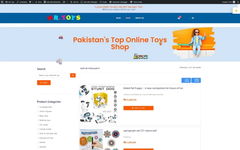 A snapshot of a colorful toys website shop page designed by Pak Web Services Islamabad