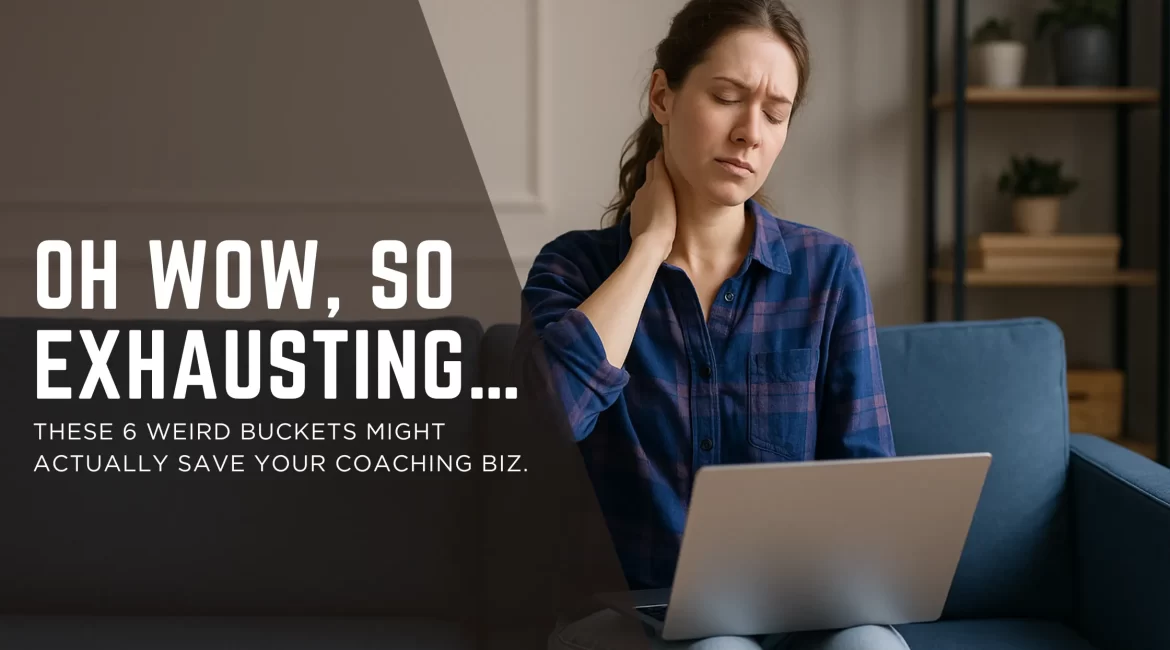 Tired solo coach sitting on couch with laptop, feeling overwhelmed by marketing tasks